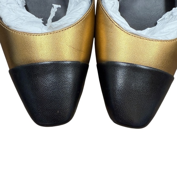 Veronica Beard Cecile Slingback Heels Women’s Sz 7.5‎ Black Gold Leather Cap-Toe - Picture 3 of 13